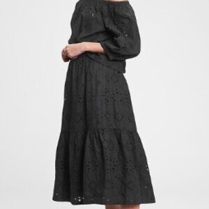 GAP Black Eyelet Set Size L Midi Skirt + Off Shoulder Top Matching Set NWT